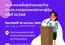 ประกาศรายชื่อผู้เข้ารอบสุดท้าย การประกวดสุนทรพจน์ภาษาญี่ปุ่น ครั้งที่ 52/2568